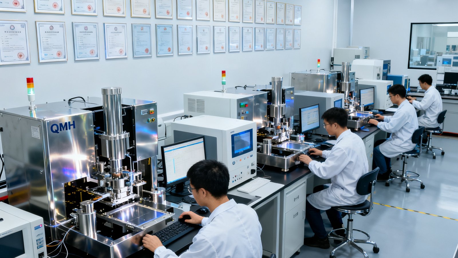 球盟会QMH深圳研发中心实验室内部场景，数十名工程师正在操作精密光刻设备与检测仪器，墙上悬挂着280余项专利证书，体现公司强大的研发实力