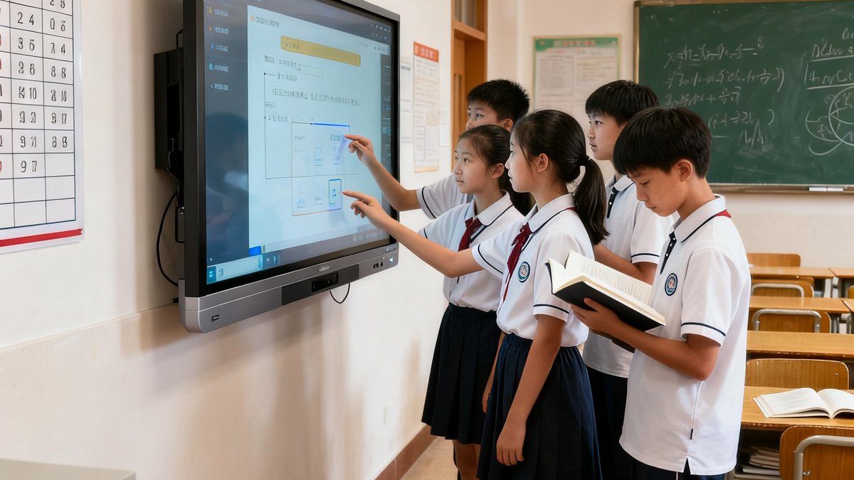 球盟会教育智能显示终端在某学校教室中实际部署使用场景，学生正在使用互动屏幕进行课堂学习