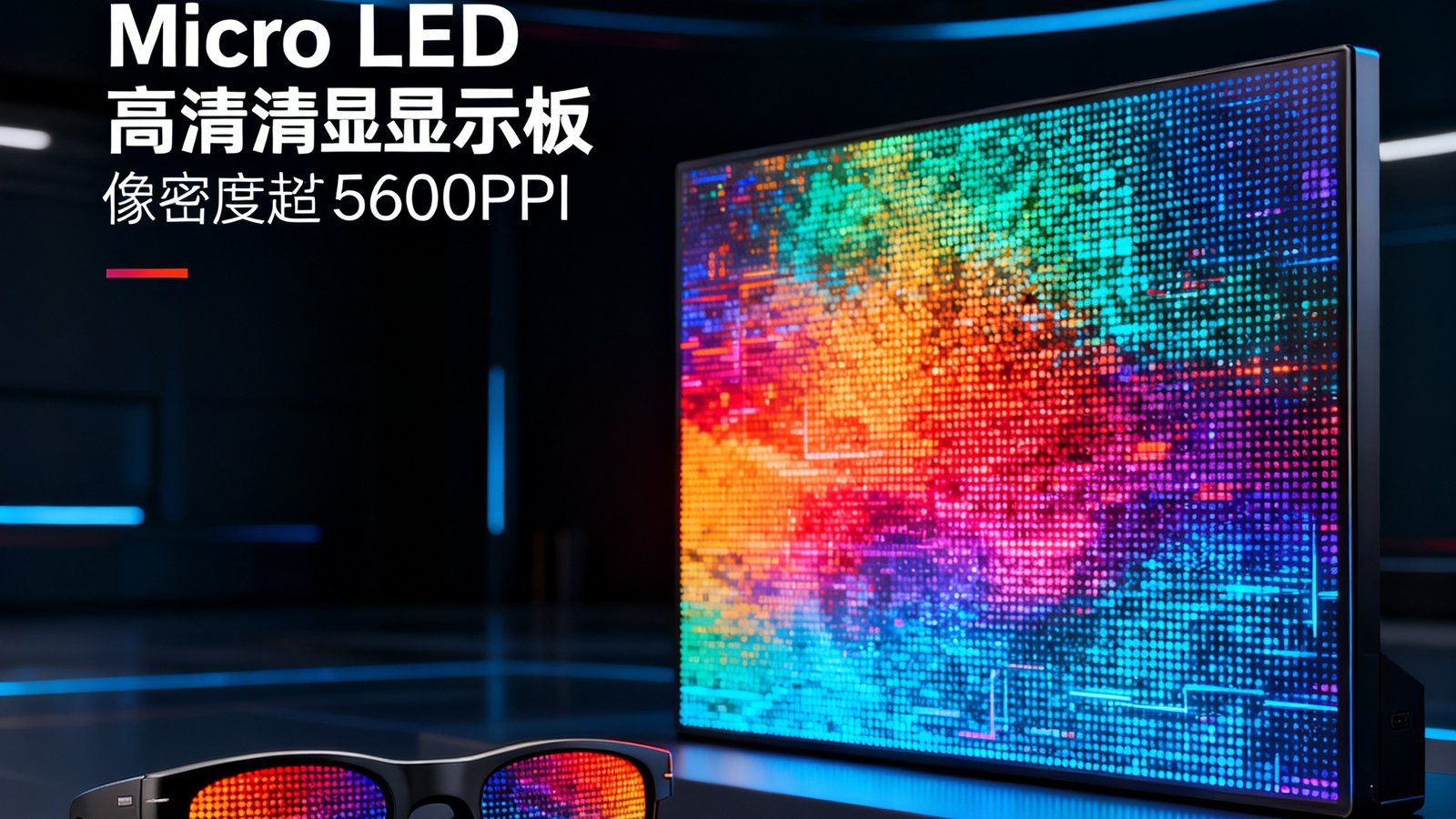 球盟会QMH展示的Micro LED超高清显示面板，像素密度超过5600PPI，画面色彩鲜艳逼真，应用于新一代AR眼镜与商用大屏场景