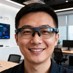 某头部AR眼镜品牌CTO张伟的头像照片，他戴着眼镜微笑，背景是科技公司办公室